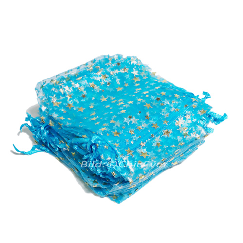 100x Schmuckbeutel 9x12cm Organzabeutel Verpackung türkis gold Stern - zum Schließen ins Bild klicken